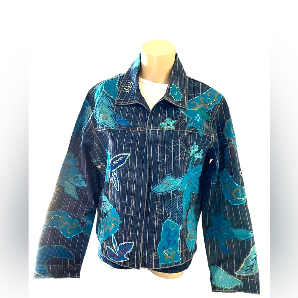 Vintage Chicos Floral Boho Denim Jacket Appliqué Design Size 2 (12 - 14)